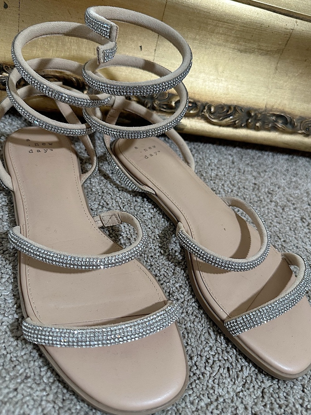A New Day Target Natural Tan & Silver Rhinestone Wrap Sandals Size 7